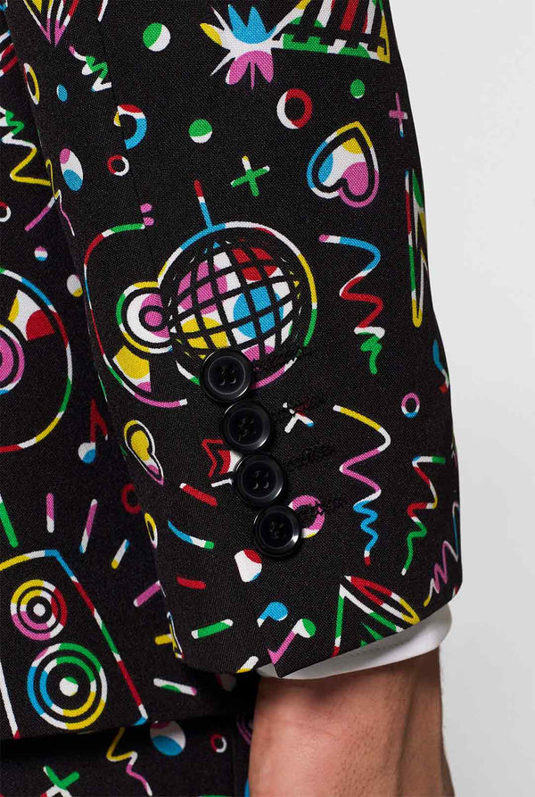 Funny Carnaval suit Disco Dude worn by man looking inside jacket
