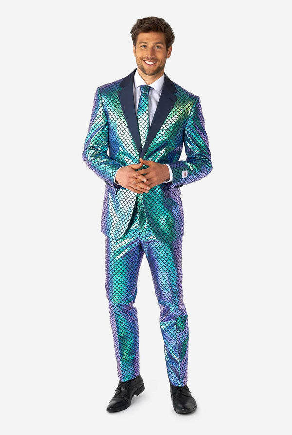 Man wearing blue fish scale motive suit