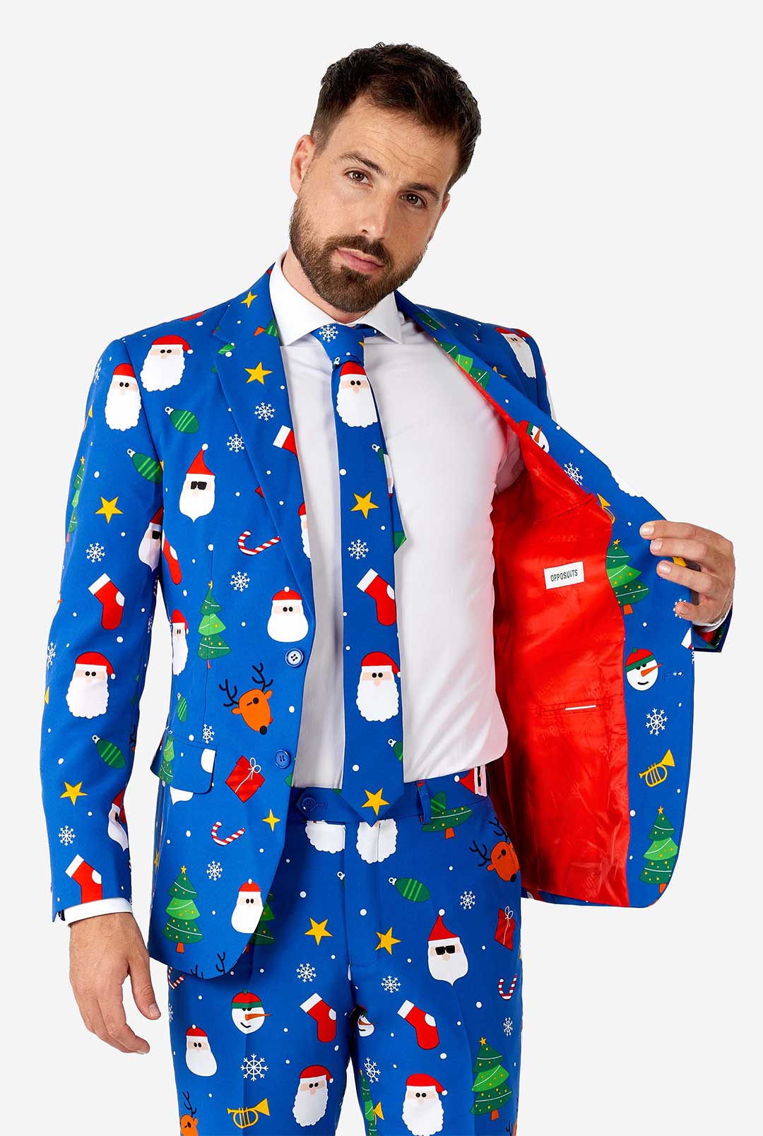 blue santa dress Festivity Suit | Men's Christmas Suit Color:Crystal Blue fabric:Rayon Rhinestones Royal Blue Long line silhouette