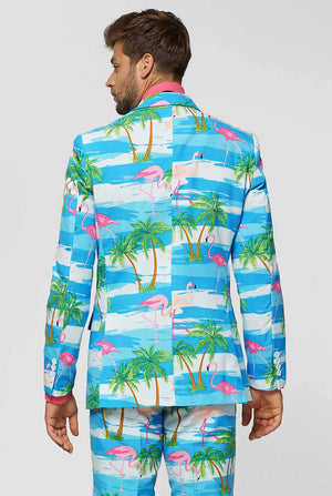 Blue and white men's suit with tropical flamingo print Flaminguy worn by man close up