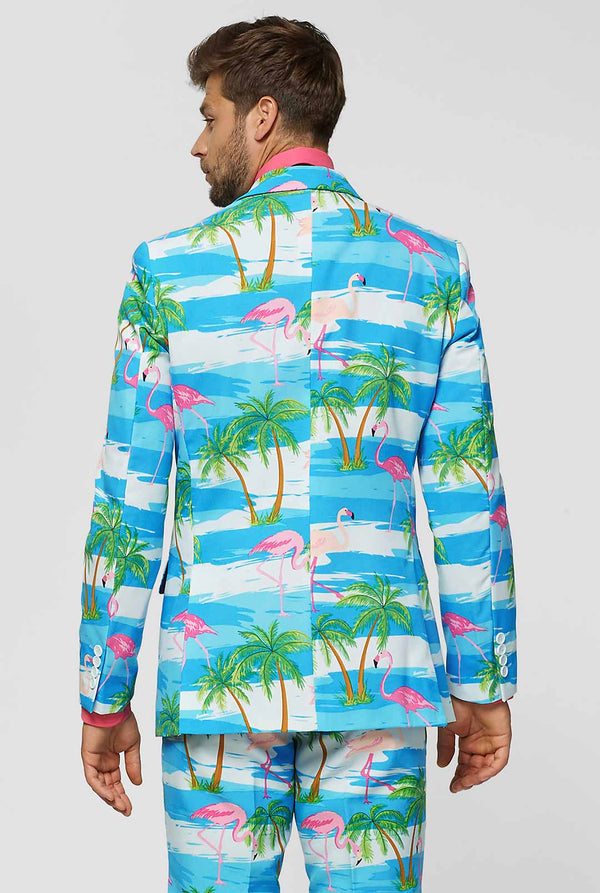 Blue and white men's suit with tropical flamingo print Flaminguy worn by man close up