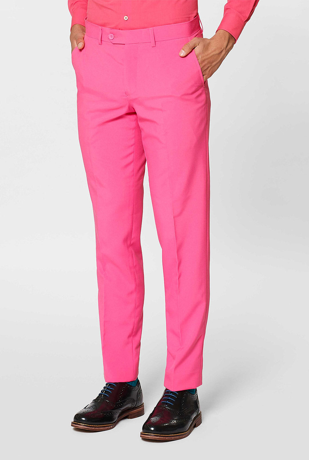 hot pink mens dress pants OppoSuits Mr. Pink Suit fly with button closure Color:Nave Dress Qipao Vintage Chinese balance