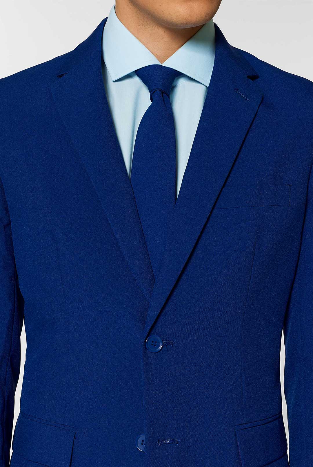 Navy blue men's suit worn by man