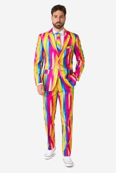 Man wearing rainbow-colored suit