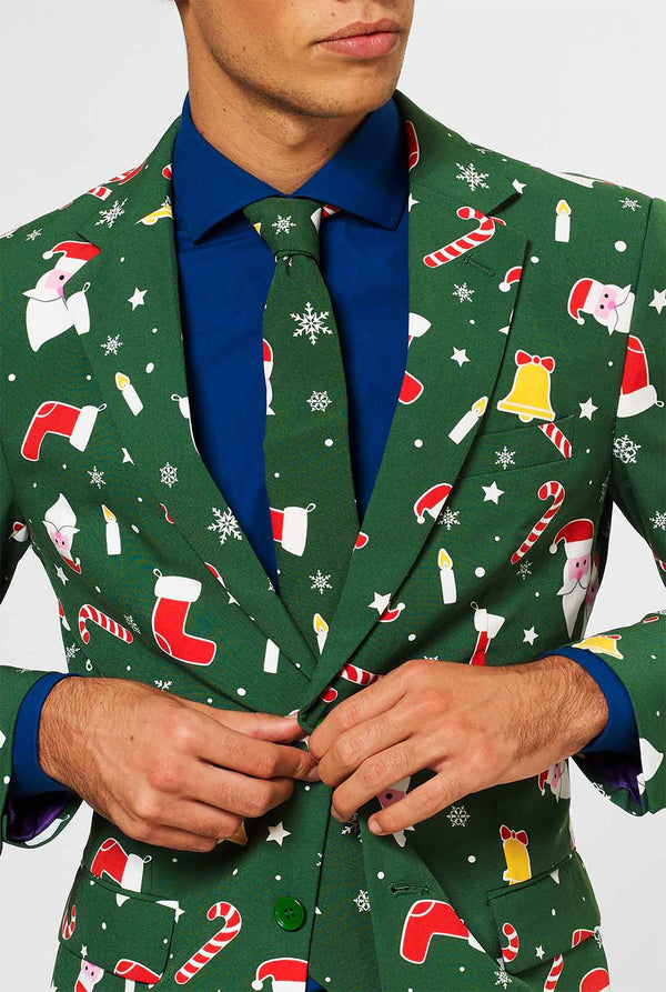 Man wearing green Christmas suit and blue dress shirt