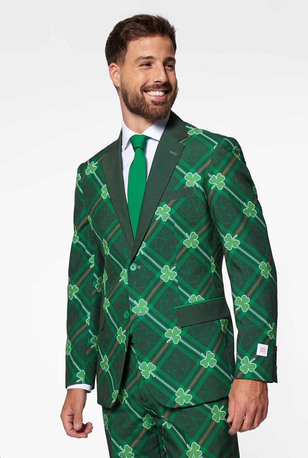 Green plaid men's suit with three-leaf-clovers worn by man