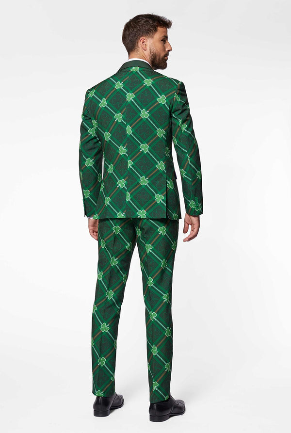 Green plaid men's suit with three-leaf-clovers worn by man