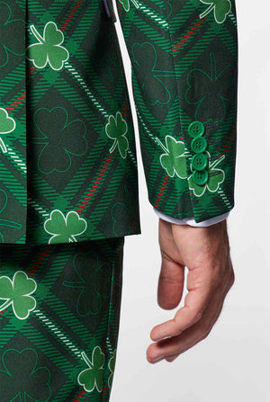 Green plaid men's suit with three-leaf-clovers worn by man