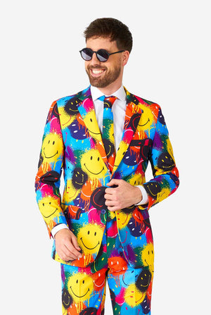Man wearing colorful men's suit with Smiley print