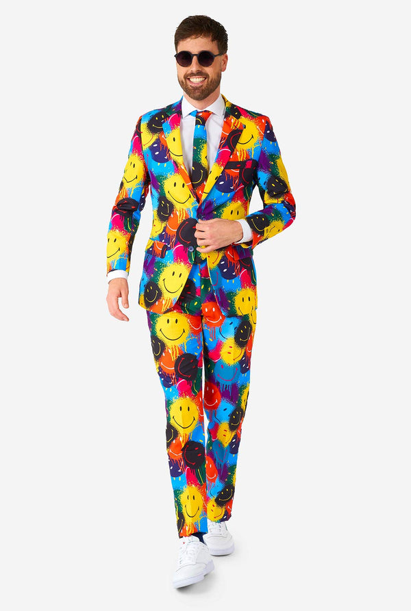Man wearing colorful men's suit with Smiley print