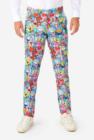 Man wearing men's suit with SpongeBob print 