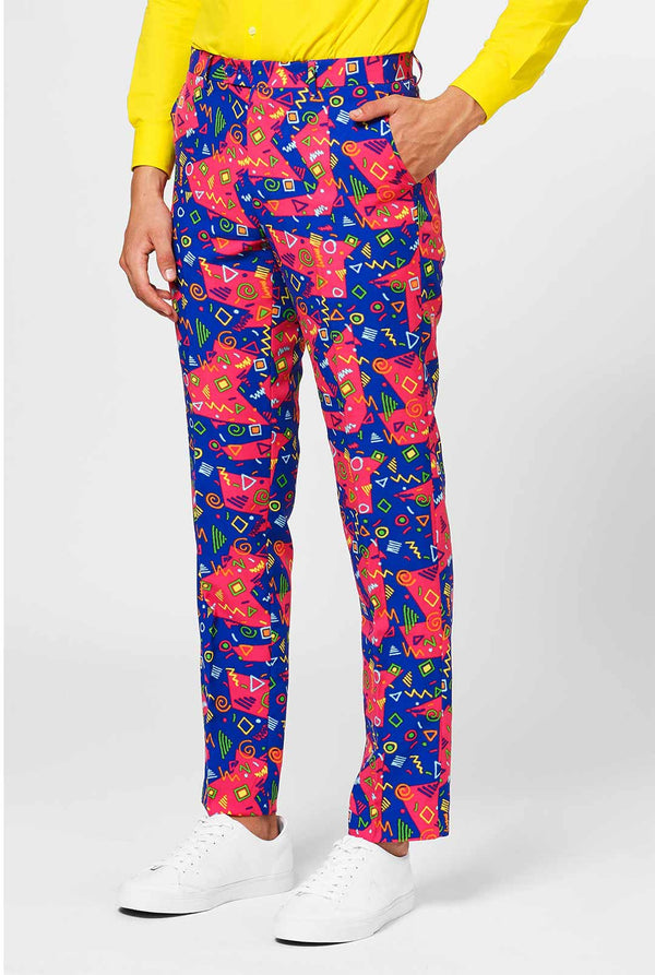 Funky pink and blue men's suit with abstract icons worn by man
