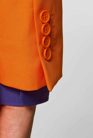 Man wearing orange men's suit with purple dress shirt