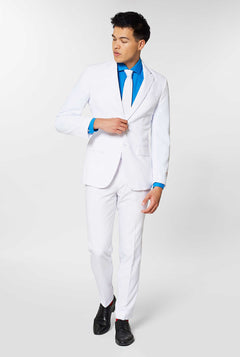 All white men's suit worn by man