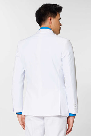 All white men's suit worn by man