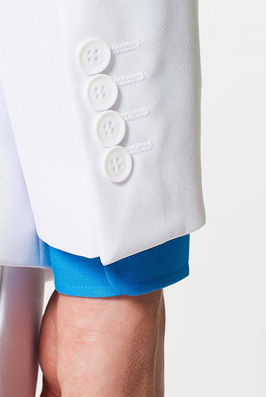 All white men's suit worn by man