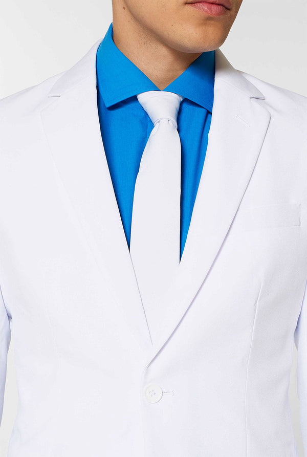 All white men's suit worn by man