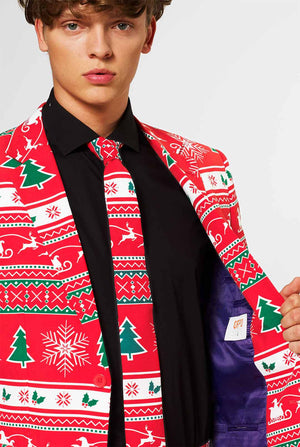 Man wearing red Christmas suit and black dress shirt