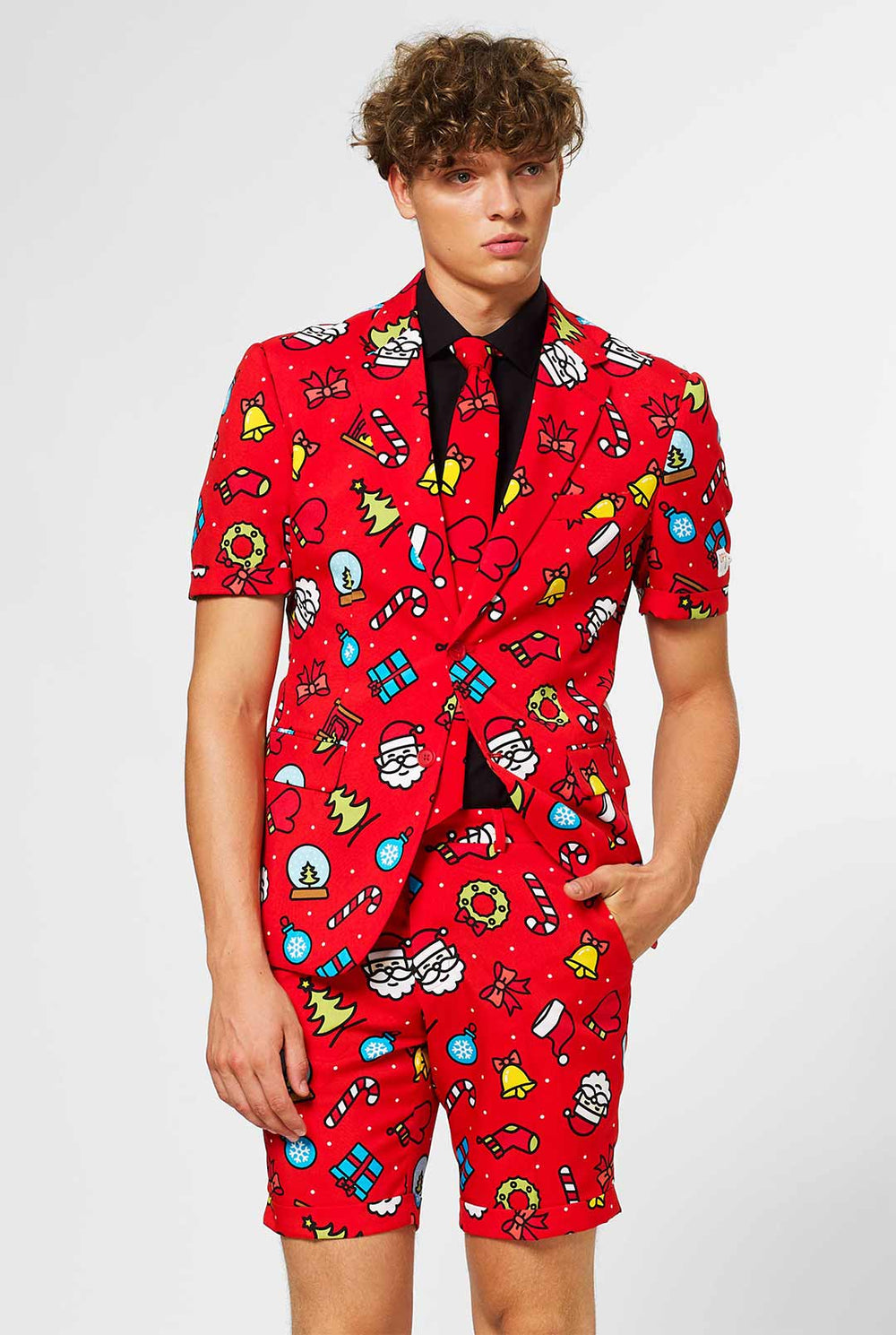 Man wearing red Christmas summer suit with Christmas print