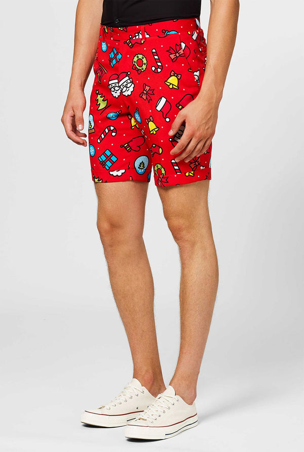 Man wearing red Christmas summer suit with Christmas print