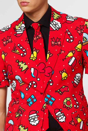 Man wearing red Christmas summer suit with Christmas print
