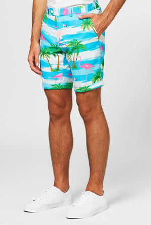 Man wearing summer suit with tropical flamingo print