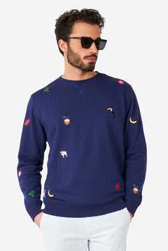 Man wearing blue sweater with summer icons
