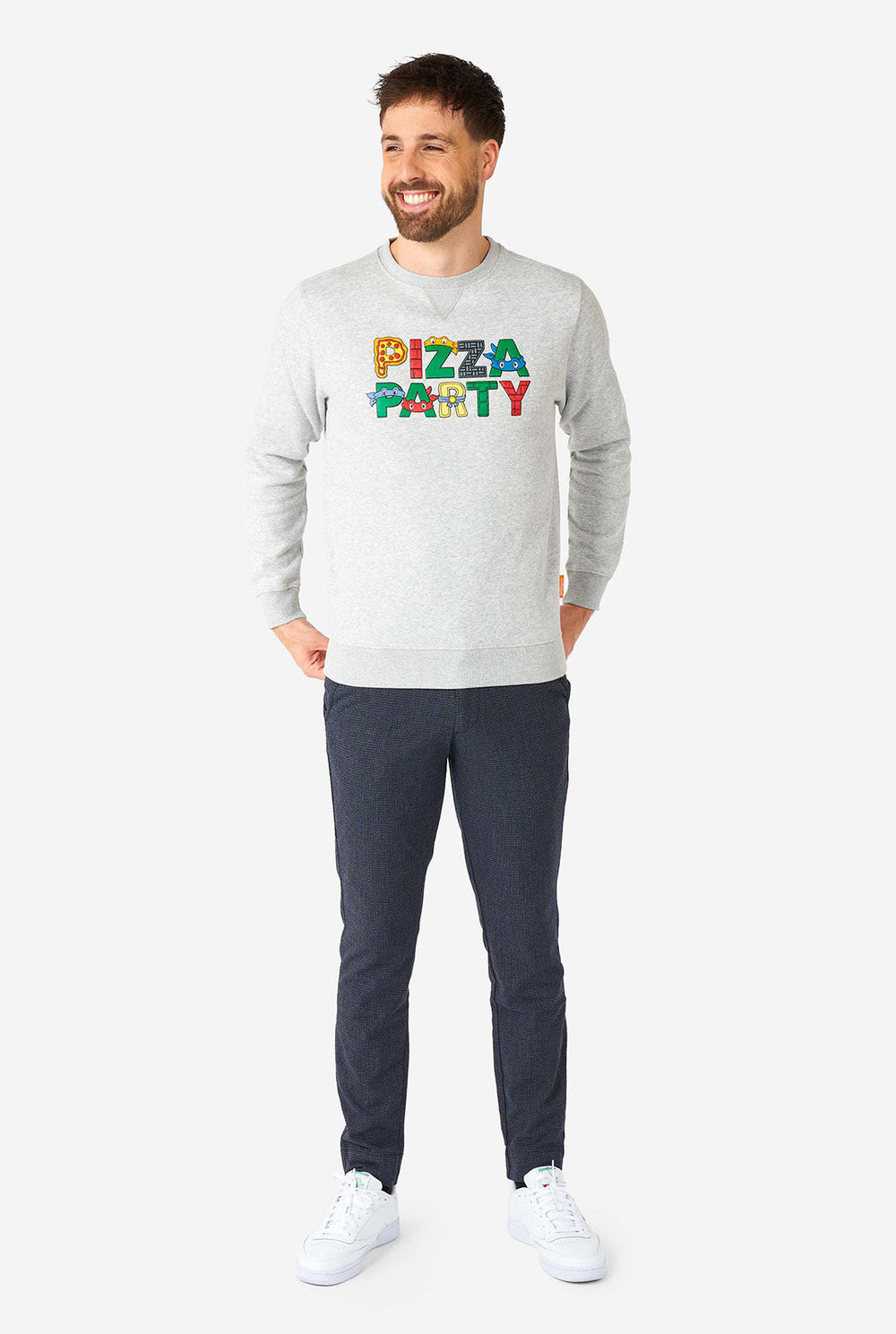 Man wearing grey Pizza Party quote sweater