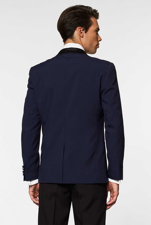 Blue and black tuxedo Midnight Blue worn by men zoomed in