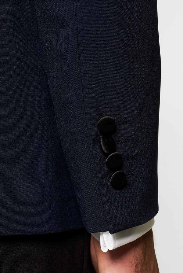 Blue and black tuxedo Midnight Blue worn by men zoomed in