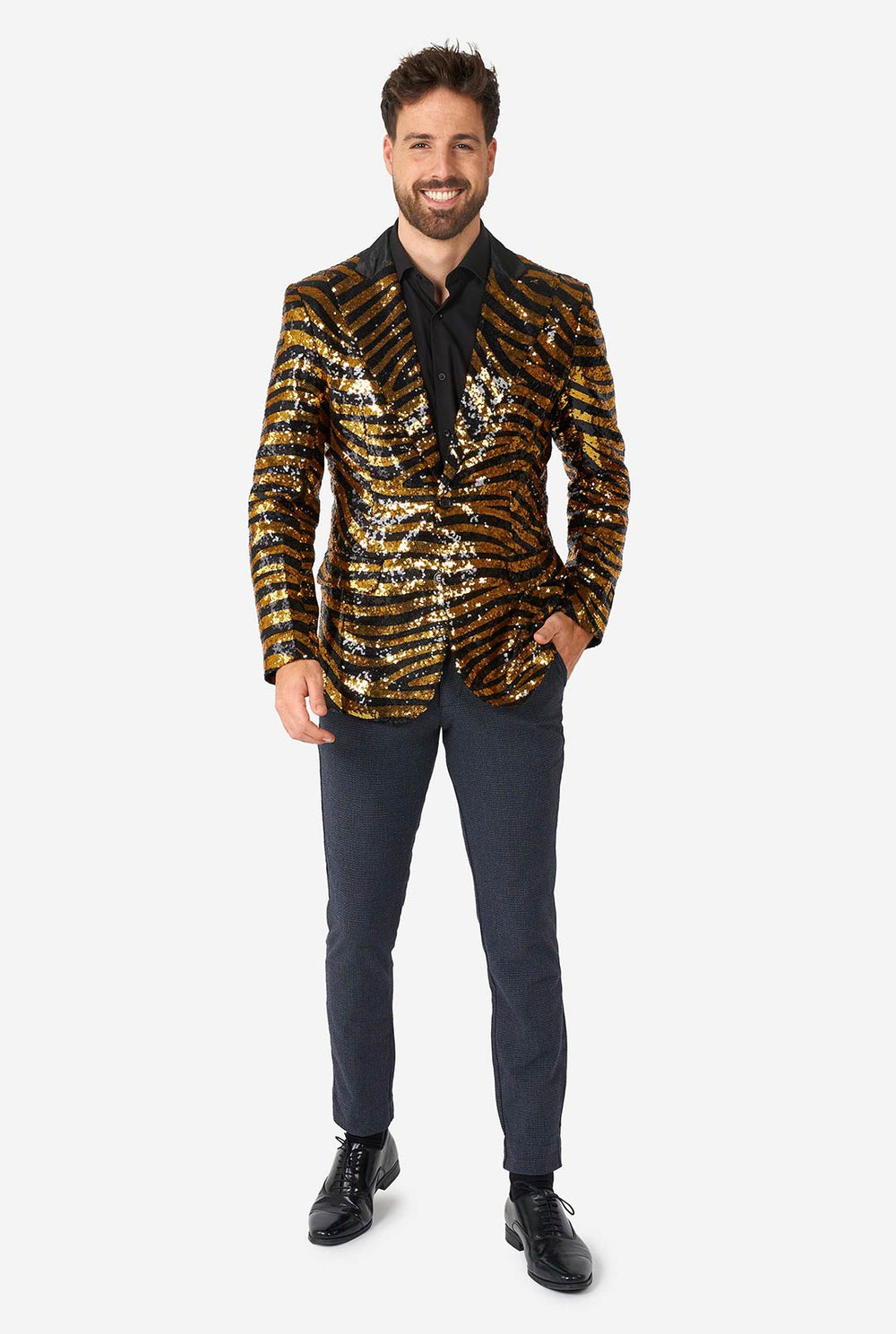 Man wearing black and gold sequins tiger stripe blazer