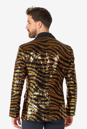 Man wearing black and gold sequins tiger stripe blazer