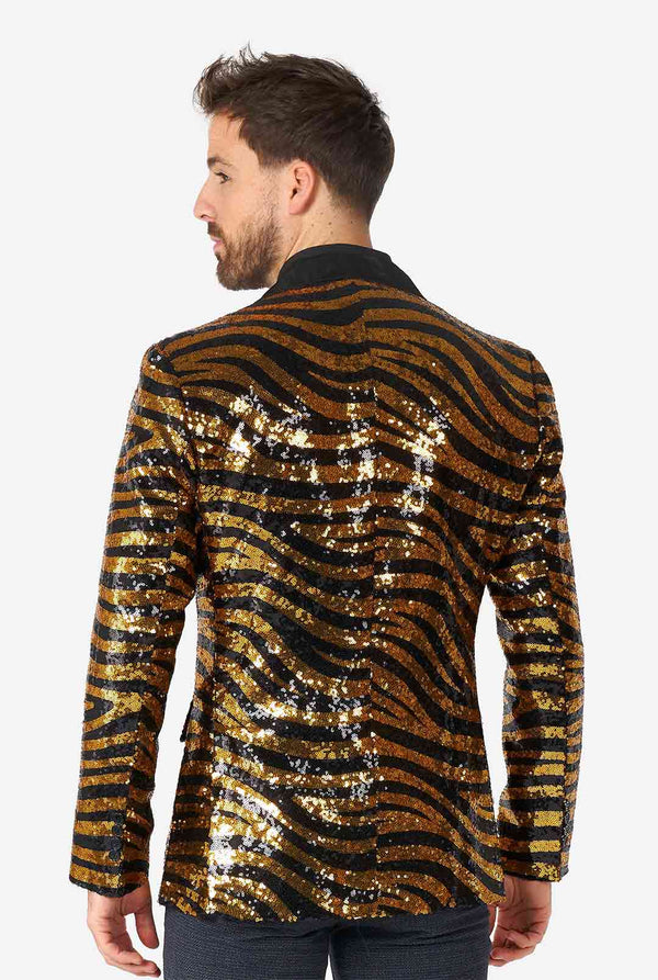 Man wearing black and gold sequins tiger stripe blazer