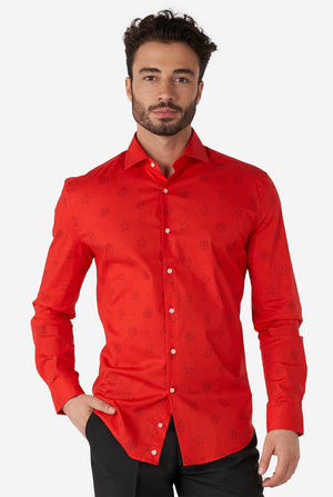 Man wearing red dress shirt with black outlined Christmas icons