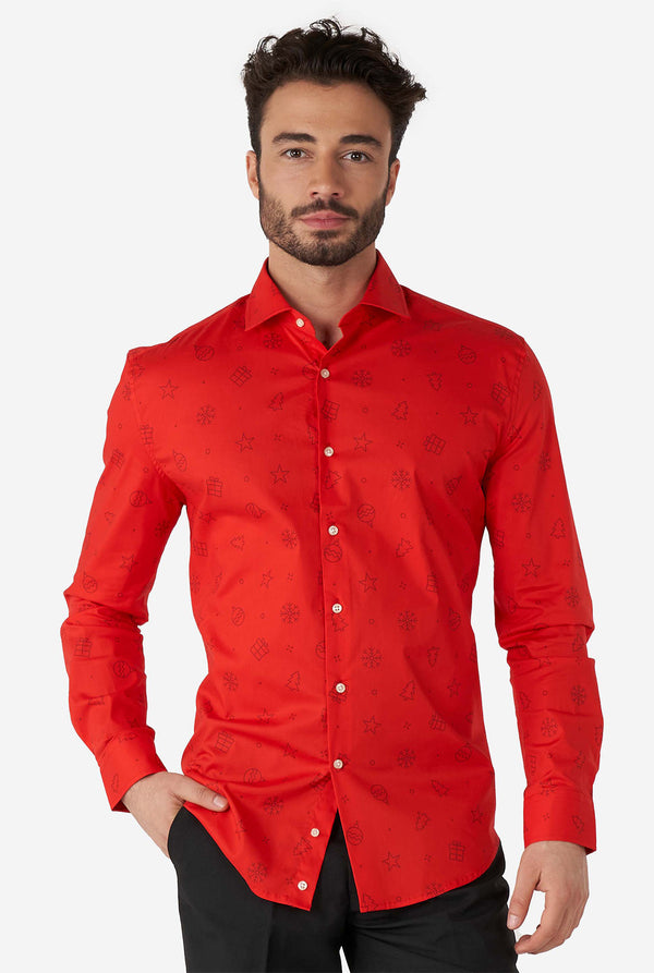 Man wearing red dress shirt with black outlined Christmas icons