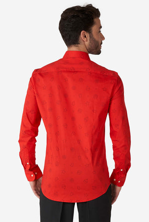 Back view of Man wearing red dress shirt with Christmas icons
