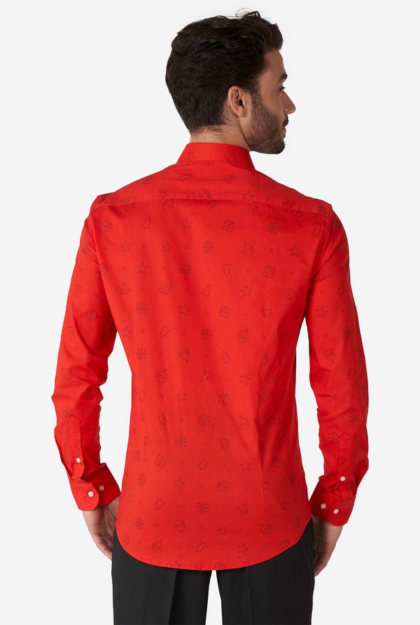 Back view of Man wearing red dress shirt with Christmas icons