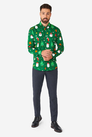 Man wearing green Christmas dress shirt with Christmas icons