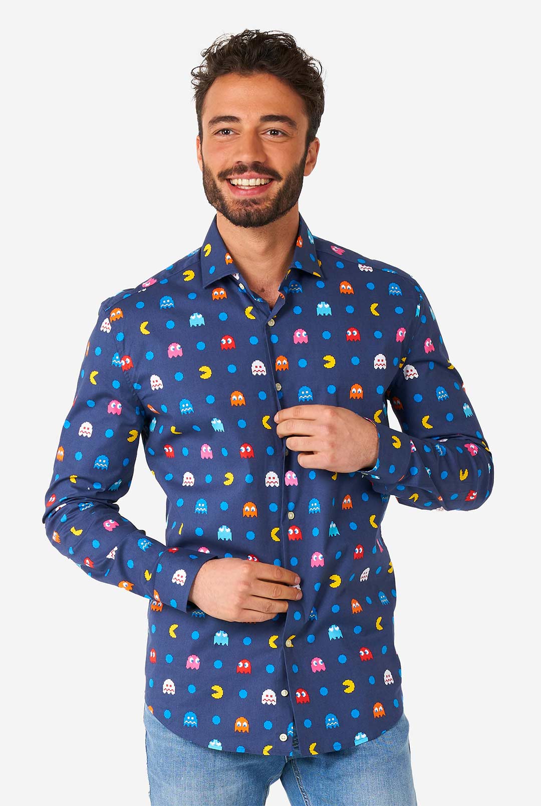 mens retro dress shirts OppoSuits Men's Pixel Pac-Man Long sleeve Shirt, Blue, 4XL, Cotton