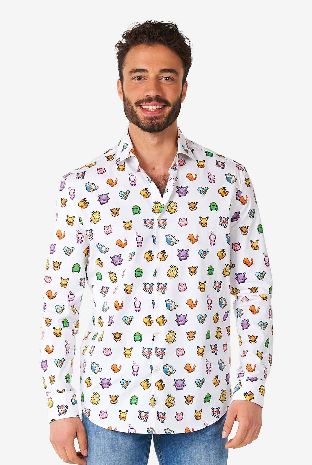 OppoSuits Men's Pixel Pokémon Long Sleeve Shirt, White, 2XL, Cotton