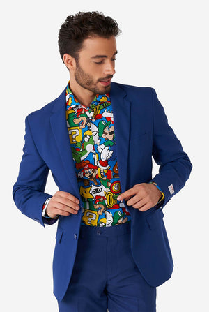 Man wearing dress shirt with Super Mario icons print