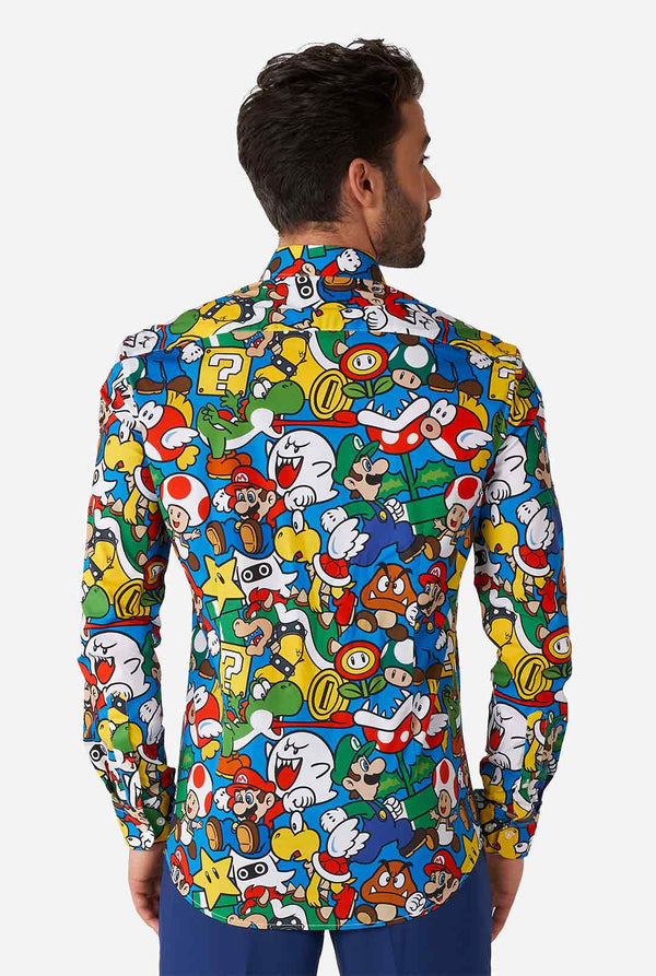 Man wearing dress shirt with Super Mario icons print