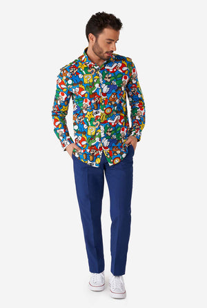 Man wearing dress shirt with Super Mario icons print