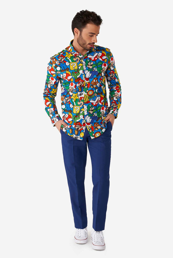Man wearing dress shirt with Super Mario icons print