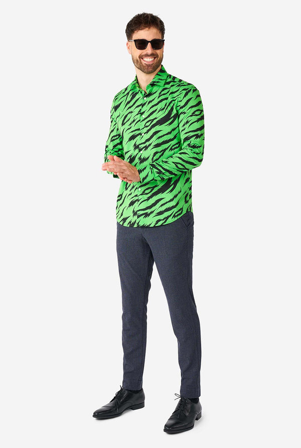 Man wearing neon green dress shirt with tiger stripes 