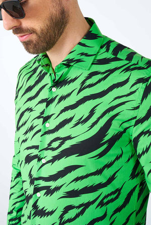 Man wearing neon green dress shirt with tiger stripes 