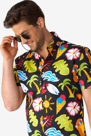 Man wearing black summer shirt with tropical icons and red short