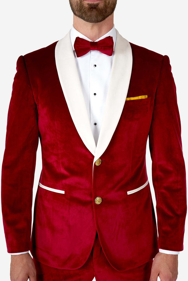 Man wearing red and white santa Christmas tuxedo