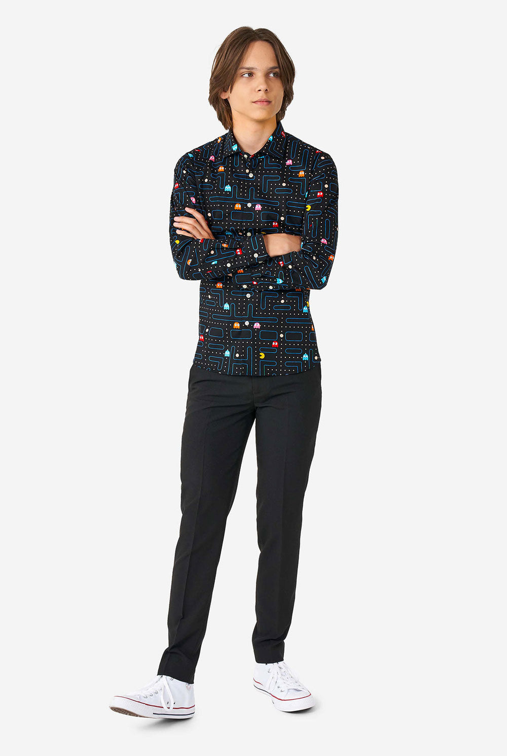 Teen wearing black dress shirt with Pac-Man print