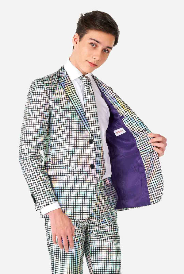 Teen wearing formal suit with mirror discobal print